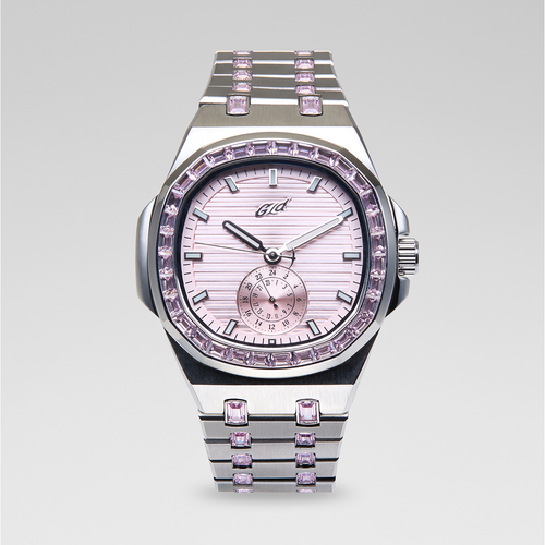 39MM Visionary Iced Pink Stone Band Watch - White Gold